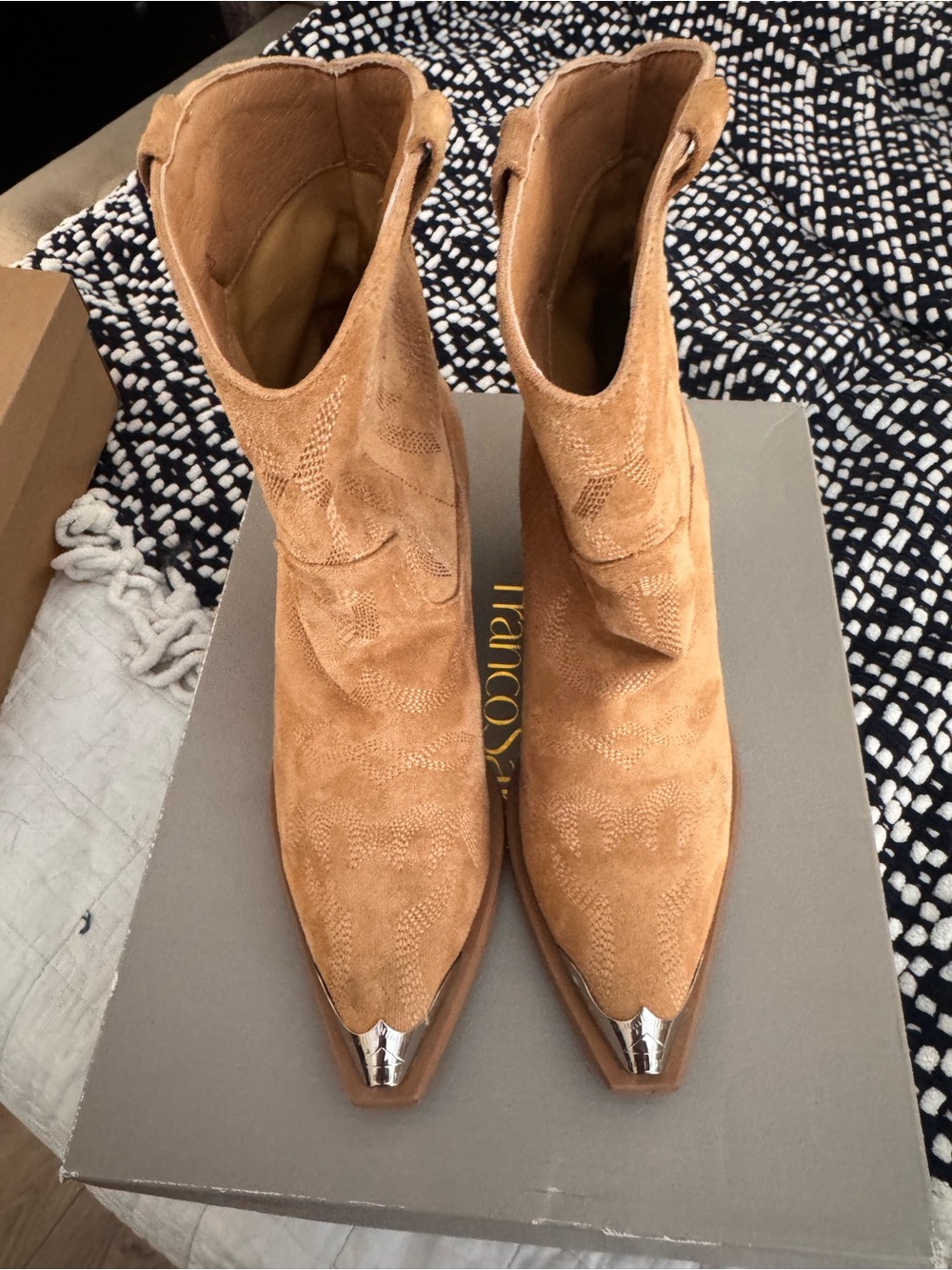 Billini Tan Suede Western Ankle Boots with Silver Toe Caps